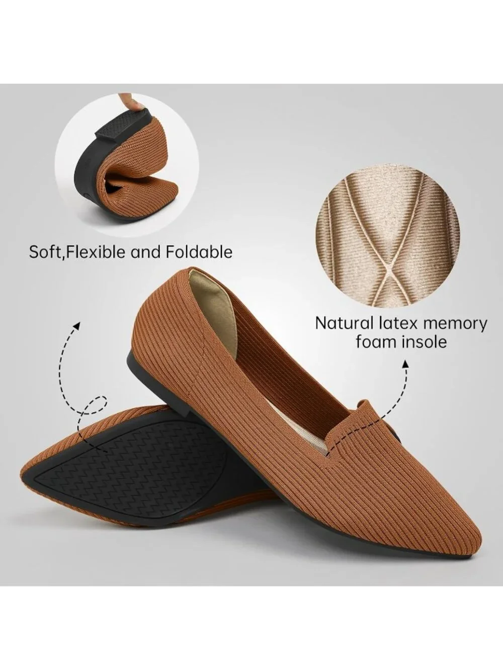 Women's Brown Pointed Toe Knit Ballet Flats Washable Important Work Shoes